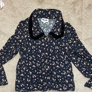 Rouje Navy Floral Top with Black Velvet Collar